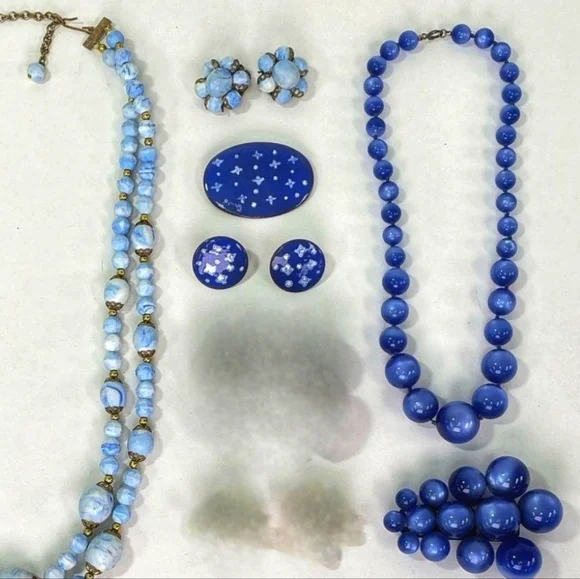 Antique Blue Beaded Necklace Earring Set Moon Glow Necklace Dress Clip Brooch - Picture 6 of 10
